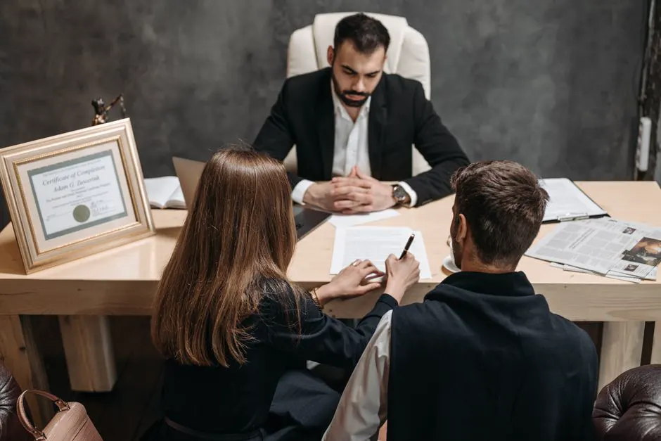 An attorney discussing documents with clients at a conference table